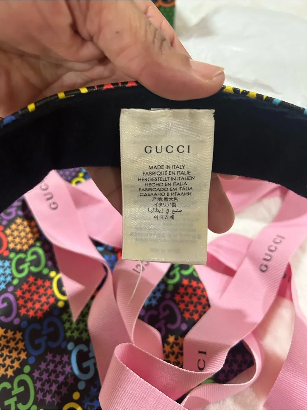 Gucci Unisex Multicolor GG Logo Visor Hat with Pink Ribbon